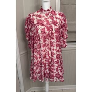 BooHoo Pink Floral Dress Size 12 with Poof Sleeves and Ruffled Hem New / Tag